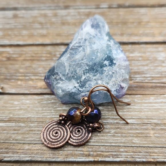 Persephone's Daughter Jewelry - Tigers Eye and Copper Spiral Drop Earrings